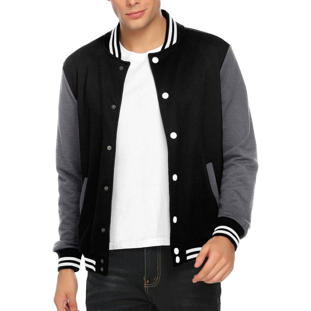 Men's Varsity Jacket Slim Fit Cotton Letterman Baseball Bomber Jackets Dark Gray